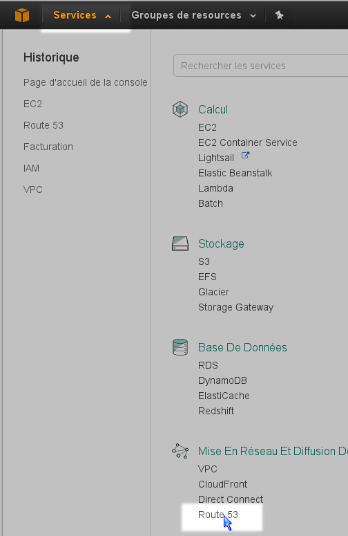 Route53 dans le menu Services